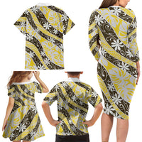 Rearea Tahiti Tiare Monstera Family Matching Long Sleeve Bodycon Dress and Hawaiian Shirt Polynesian Pattern Curve Style LT01 - Polynesian Pride