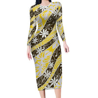 Rearea Tahiti Tiare Monstera Family Matching Long Sleeve Bodycon Dress and Hawaiian Shirt Polynesian Pattern Curve Style LT01 Mom's Dress Yellow - Polynesian Pride