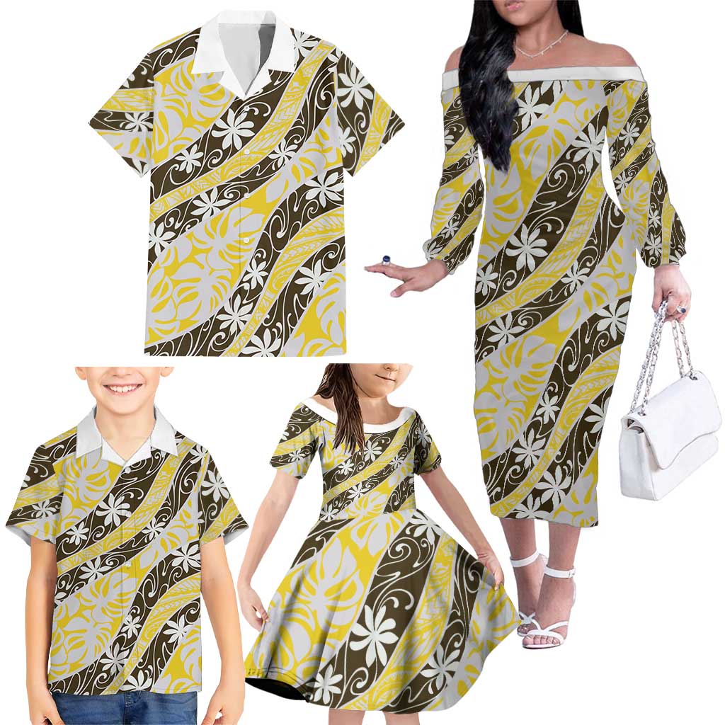 Rearea Tahiti Tiare Monstera Family Matching Off The Shoulder Long Sleeve Dress and Hawaiian Shirt Polynesian Pattern Curve Style LT01 - Polynesian Pride