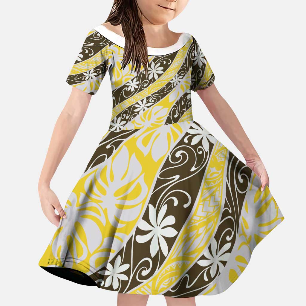 Rearea Tahiti Tiare Monstera Family Matching Off Shoulder Maxi Dress and Hawaiian Shirt Polynesian Pattern Curve Style LT01 Daughter's Dress Yellow - Polynesian Pride