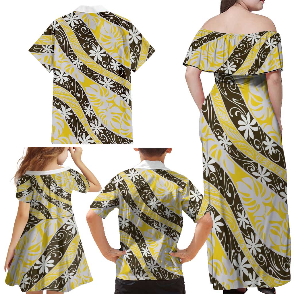 Rearea Tahiti Tiare Monstera Family Matching Off Shoulder Maxi Dress and Hawaiian Shirt Polynesian Pattern Curve Style LT01 - Polynesian Pride