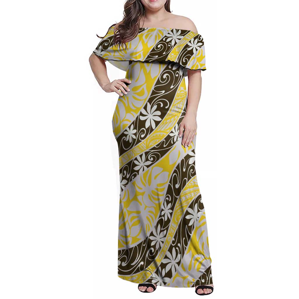 Rearea Tahiti Tiare Monstera Family Matching Off Shoulder Maxi Dress and Hawaiian Shirt Polynesian Pattern Curve Style LT01 Mom's Dress Yellow - Polynesian Pride