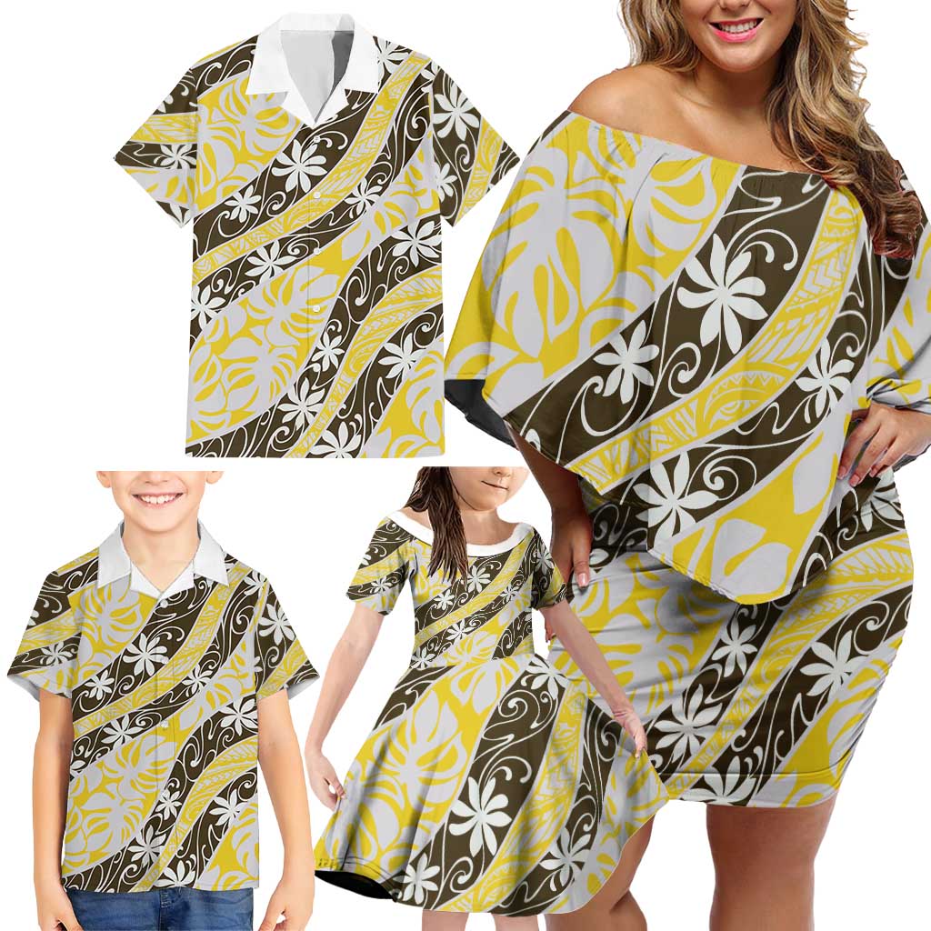 Rearea Tahiti Tiare Monstera Family Matching Off Shoulder Short Dress and Hawaiian Shirt Polynesian Pattern Curve Style - Polynesian Pride