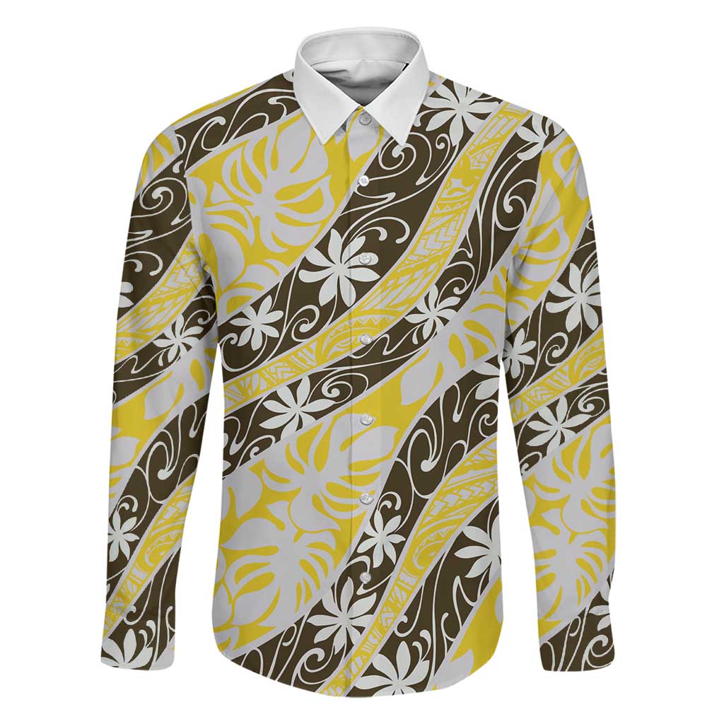 Rearea Tahiti Tiare Monstera Family Matching Off Shoulder Short Dress and Hawaiian Shirt Polynesian Pattern Curve Style LT01 Dad's Shirt - Long Sleeve Yellow - Polynesian Pride