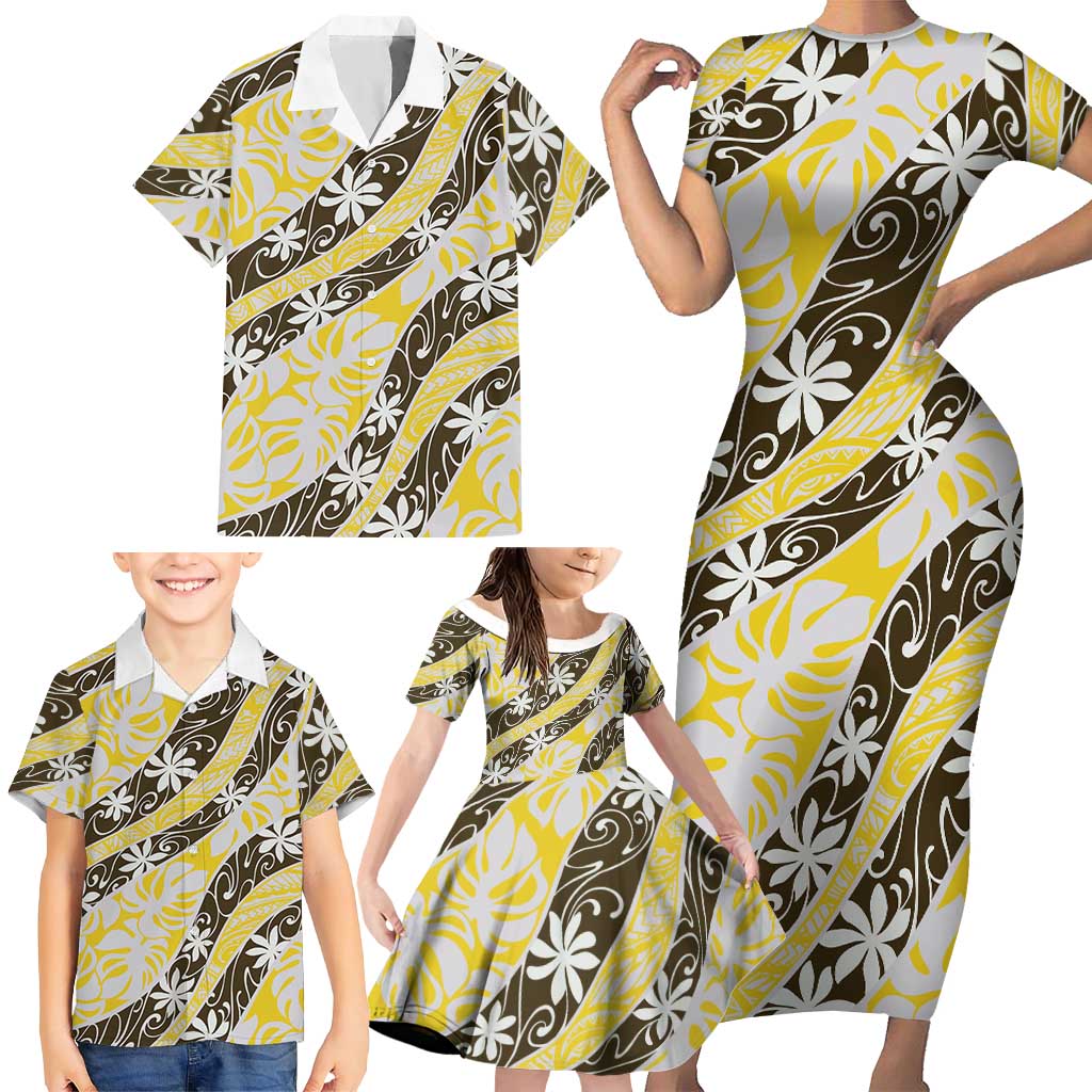 Rearea Tahiti Tiare Monstera Family Matching Short Sleeve Bodycon Dress and Hawaiian Shirt Polynesian Pattern Curve Style - Polynesian Pride