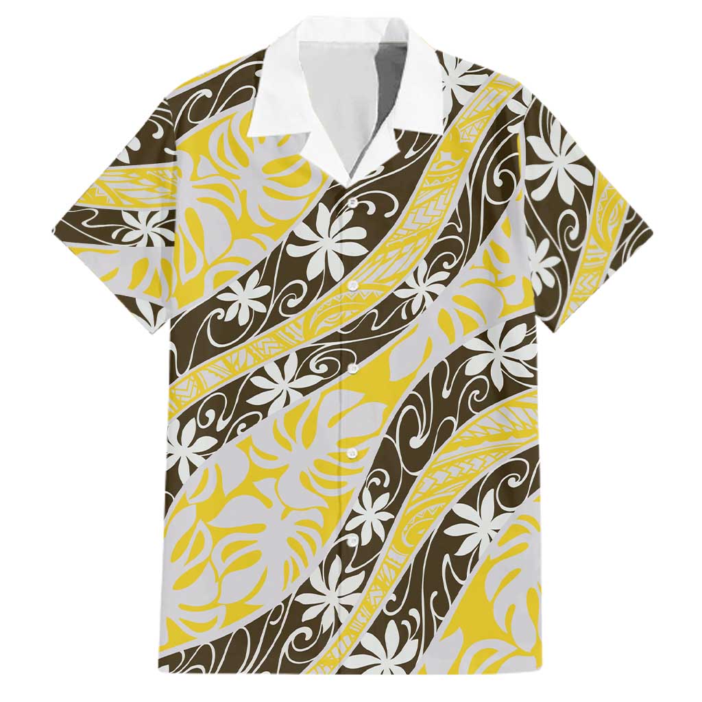 Rearea Tahiti Tiare Monstera Family Matching Short Sleeve Bodycon Dress and Hawaiian Shirt Polynesian Pattern Curve Style LT01 Dad's Shirt - Short Sleeve Yellow - Polynesian Pride