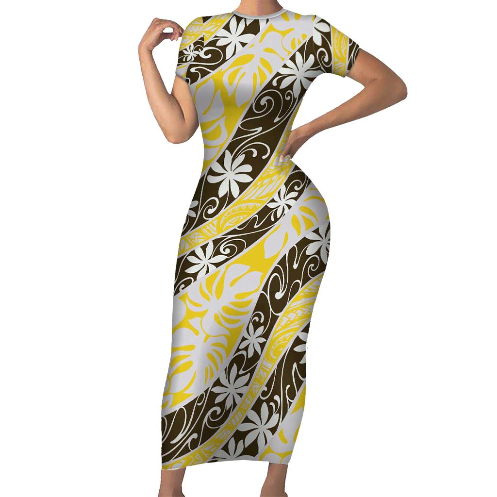 Rearea Tahiti Tiare Monstera Family Matching Short Sleeve Bodycon Dress and Hawaiian Shirt Polynesian Pattern Curve Style LT01 Mom's Dress Yellow - Polynesian Pride
