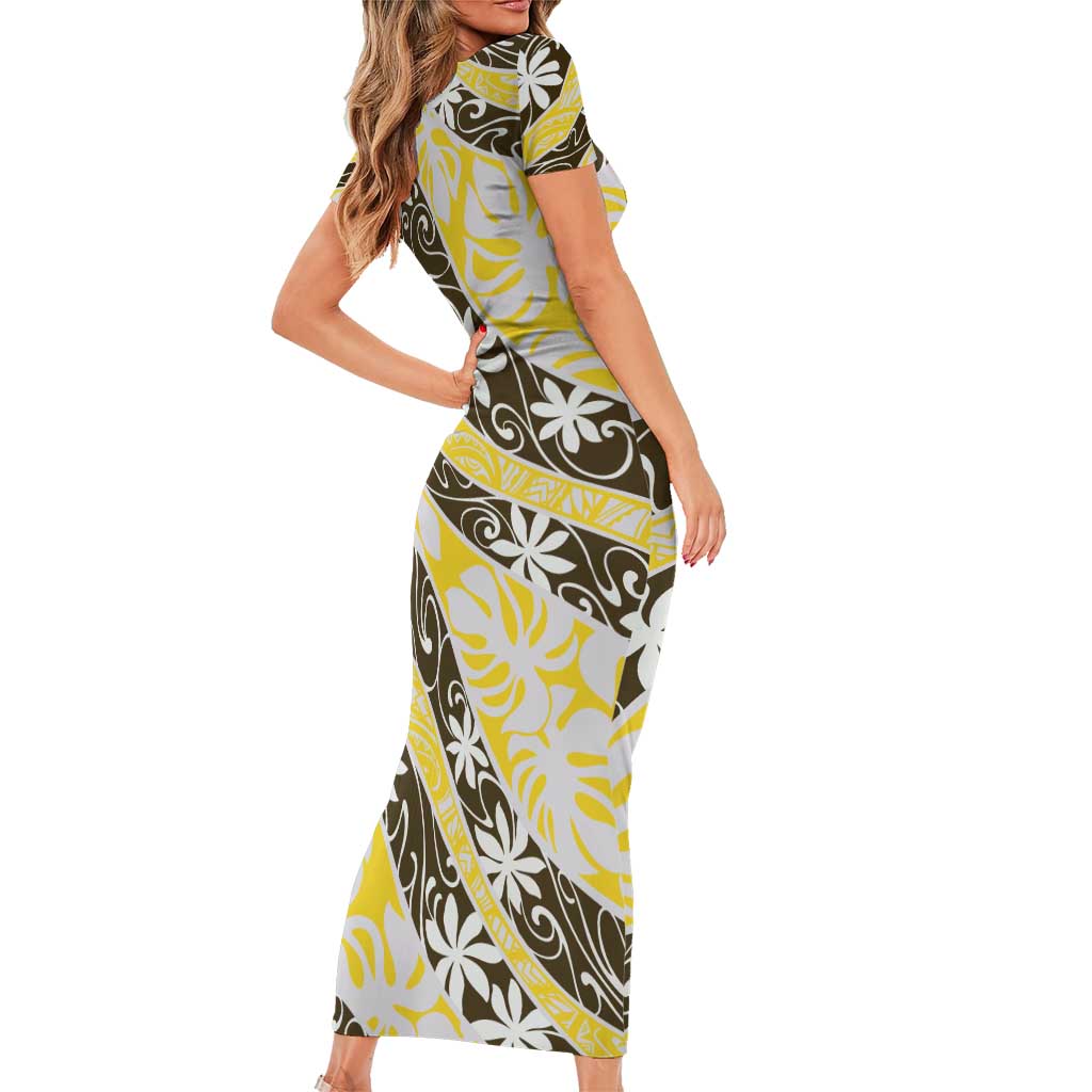 Rearea Tahiti Tiare Monstera Family Matching Short Sleeve Bodycon Dress and Hawaiian Shirt Polynesian Pattern Curve Style LT01 - Polynesian Pride