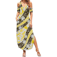 Rearea Tahiti Tiare Monstera Family Matching Summer Maxi Dress and Hawaiian Shirt Polynesian Pattern Curve Style LT01 Mom's Dress Yellow - Polynesian Pride