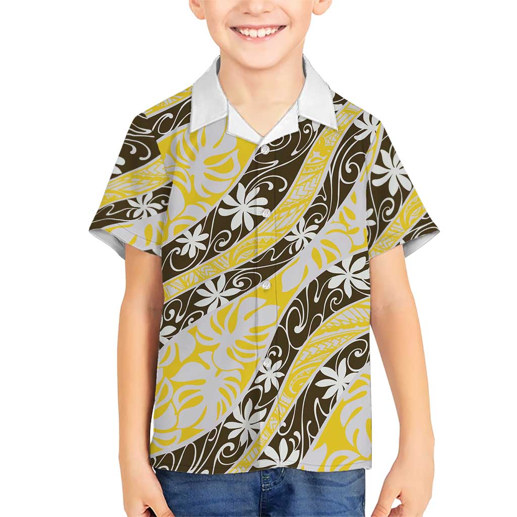 Rearea Tahiti Tiare Monstera Family Matching Summer Maxi Dress and Hawaiian Shirt Polynesian Pattern Curve Style LT01 Son's Shirt Yellow - Polynesian Pride