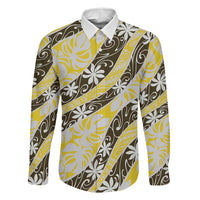Rearea Tahiti Tiare Monstera Family Matching Tank Maxi Dress and Hawaiian Shirt Polynesian Pattern Curve Style LT01 Dad's Shirt - Long Sleeve Yellow - Polynesian Pride