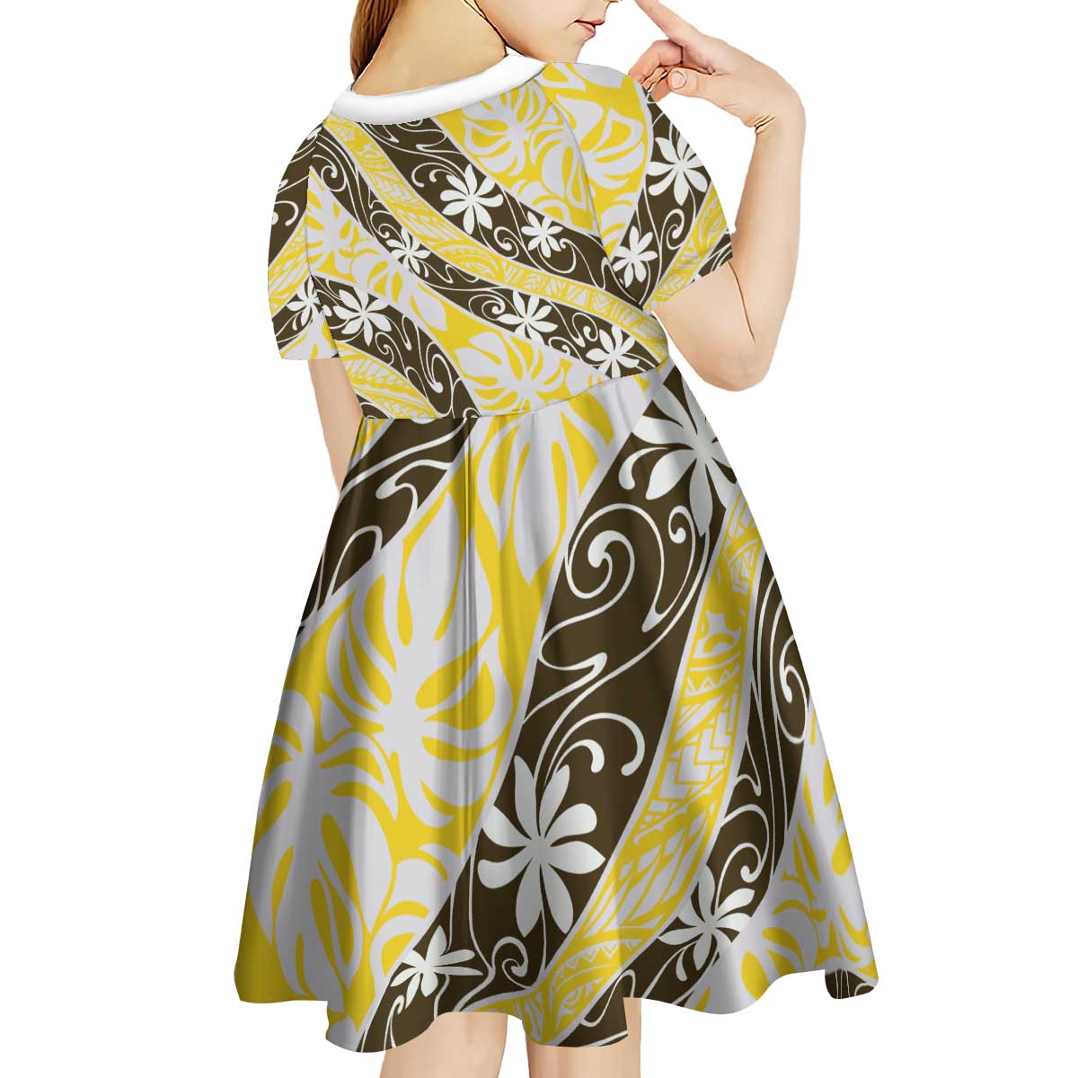 Rearea Tahiti Tiare Monstera Kid Short Sleeve Dress Polynesian Pattern Curve Style - Polynesian Pride
