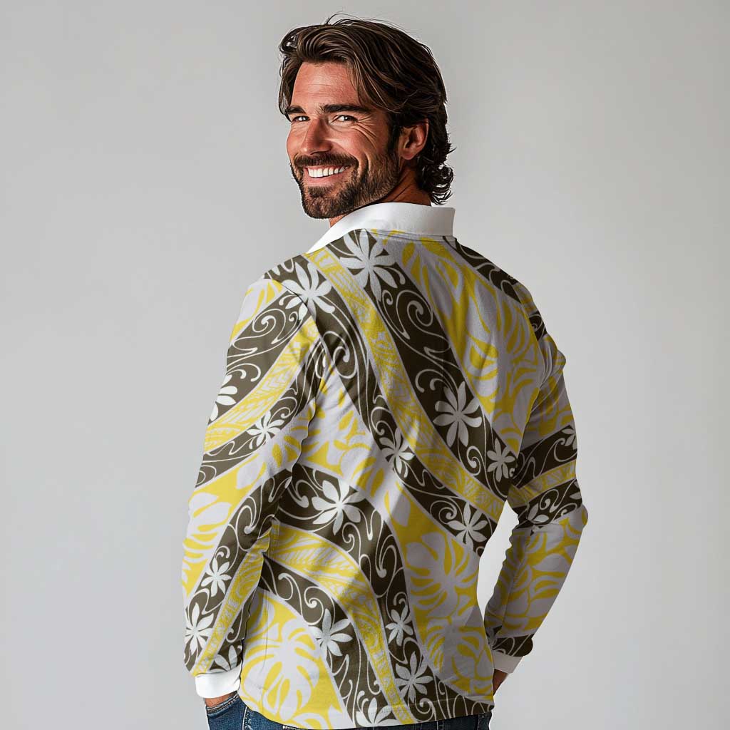 Rearea Tahiti Tiare Monstera Long Sleeve Polo Shirt Polynesian Pattern Curve Style - Polynesian Pride