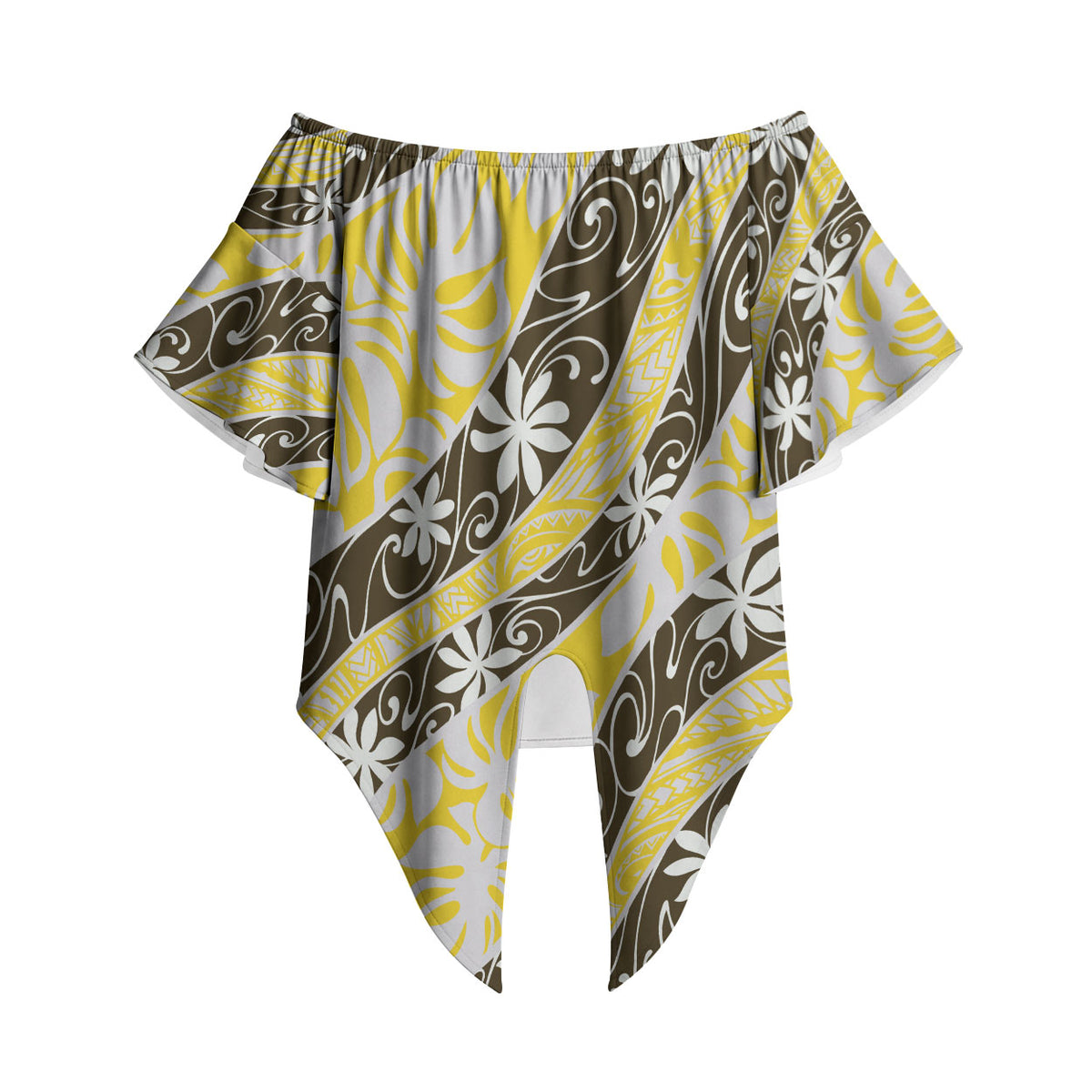 Rearea Tahiti Tiare Monstera Off Shoulder Wrap Waist Top Polynesian Pattern Curve Style LT01 Yellow - Polynesian Pride