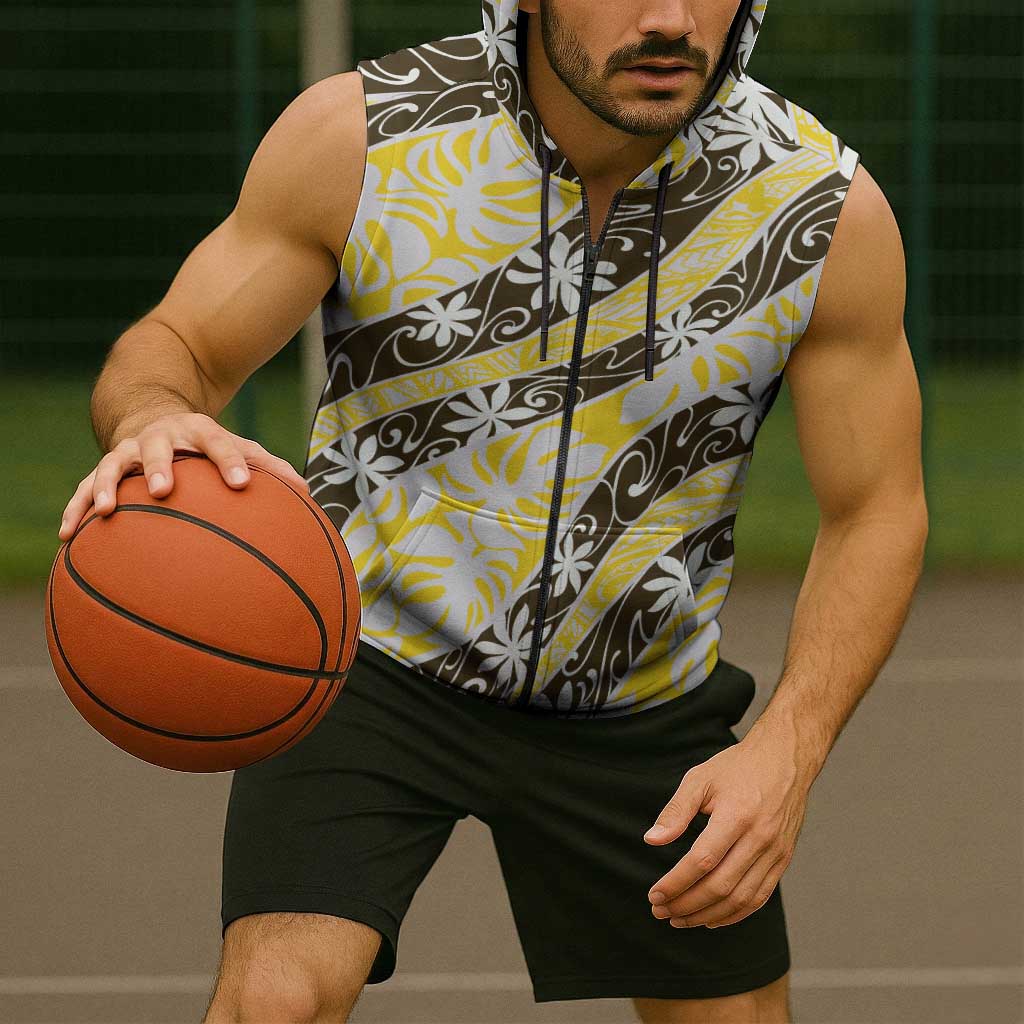 Rearea Tahiti Tiare Monstera Sleeveless Zip Hoodie Polynesian Pattern Curve Style - Polynesian Pride