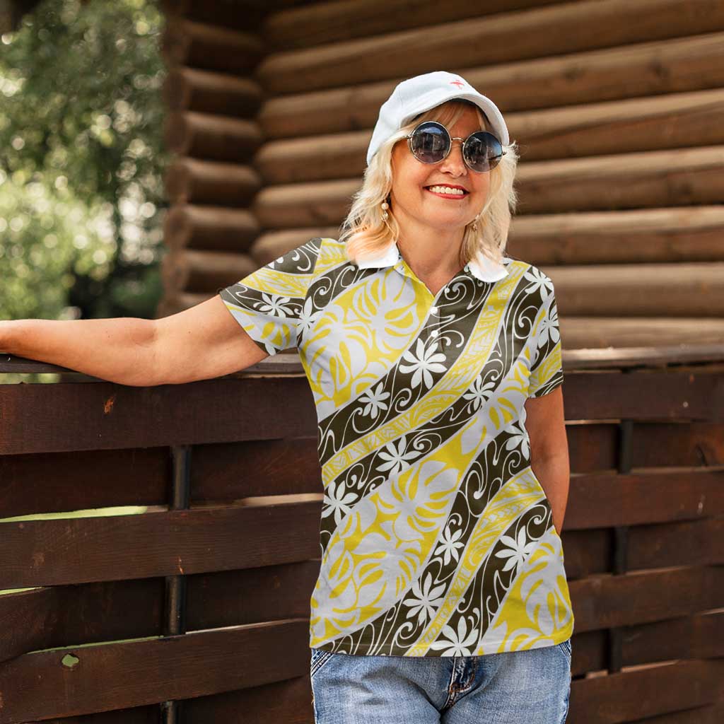Rearea Tahiti Tiare Monstera Women Polo Shirt Polynesian Pattern Curve Style - Polynesian Pride
