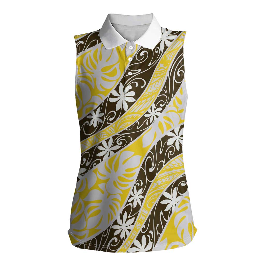 Rearea Tahiti Tiare Monstera Women Sleeveless Polo Shirt Polynesian Pattern Curve Style - Polynesian Pride