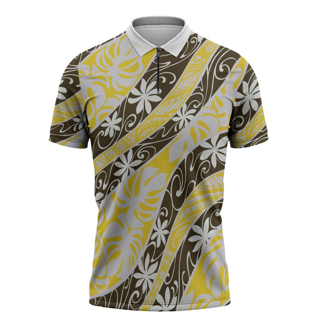 Rearea Tahiti Tiare Monstera Zipper Polo Shirt Polynesian Pattern Curve Style - Polynesian Pride