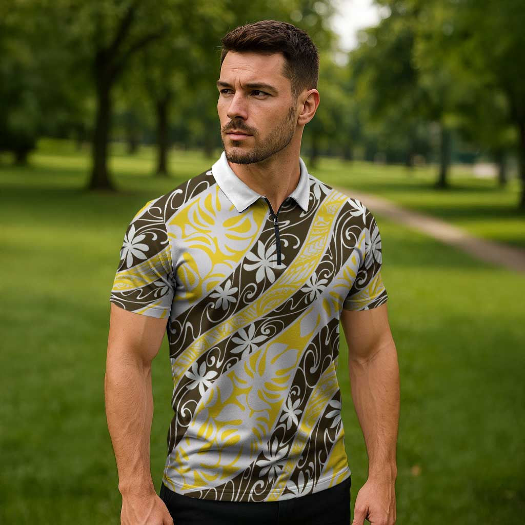 Rearea Tahiti Tiare Monstera Zipper Polo Shirt Polynesian Pattern Curve Style - Polynesian Pride