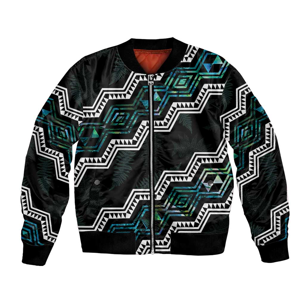 Personalised Taniko Aotearoa Mix Paua Shell Bomber Jacket Niho Taniwha Turquoise Glitter
