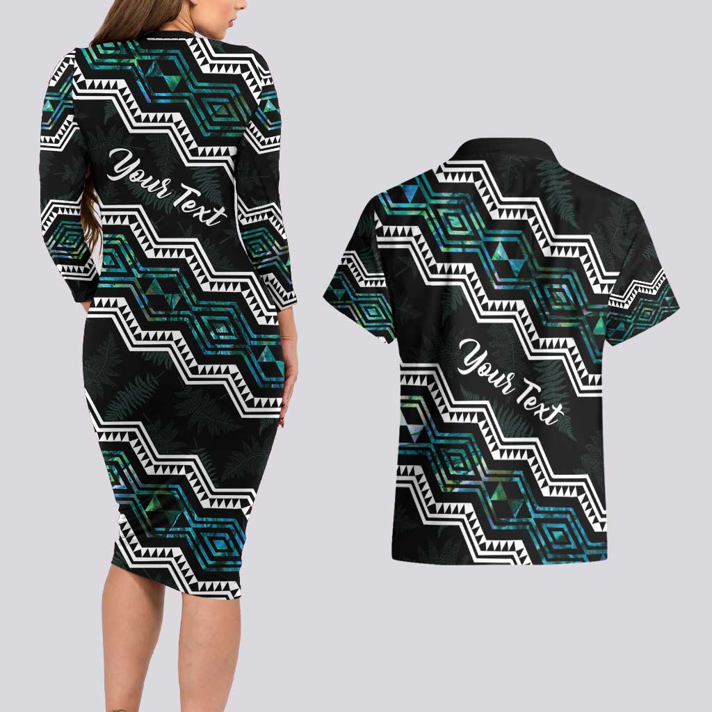 Personalised Taniko Aotearoa Mix Paua Shell Couples Matching Long Sleeve Bodycon Dress and Hawaiian Shirt Niho Taniwha Turquoise Glitter