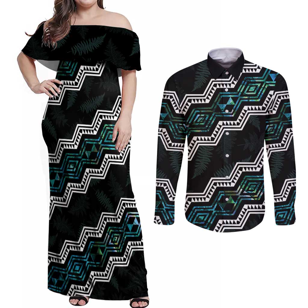 Personalised Taniko Aotearoa Mix Paua Shell Couples Matching Off Shoulder Maxi Dress and Long Sleeve Button Shirt Niho Taniwha Turquoise Glitter