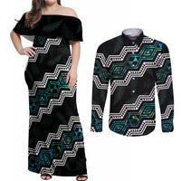 Personalised Taniko Aotearoa Mix Paua Shell Couples Matching Off Shoulder Maxi Dress and Long Sleeve Button Shirt Niho Taniwha Turquoise Glitter