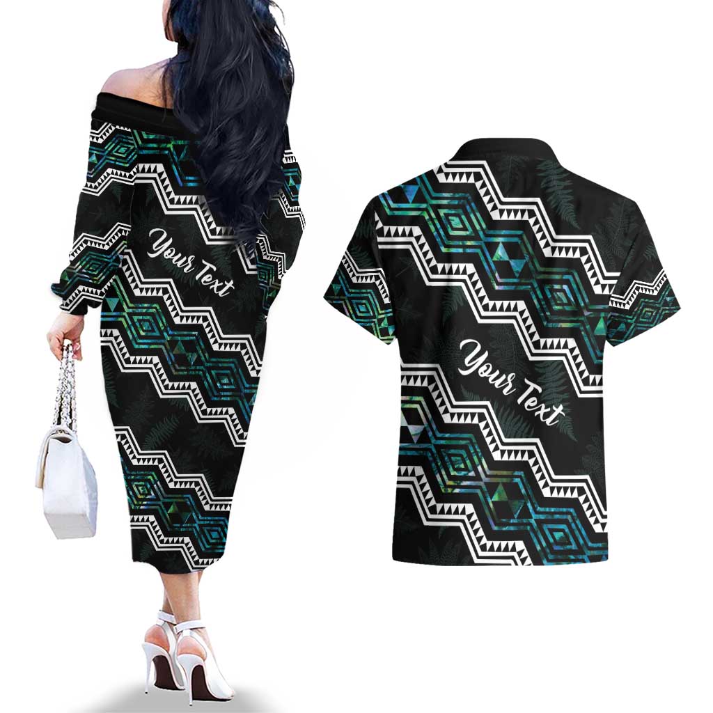 Personalised Taniko Aotearoa Mix Paua Shell Couples Matching Off The Shoulder Long Sleeve Dress and Hawaiian Shirt Niho Taniwha Turquoise Glitter