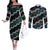 Personalised Taniko Aotearoa Mix Paua Shell Couples Matching Off The Shoulder Long Sleeve Dress and Long Sleeve Button Shirt Niho Taniwha Turquoise Glitter