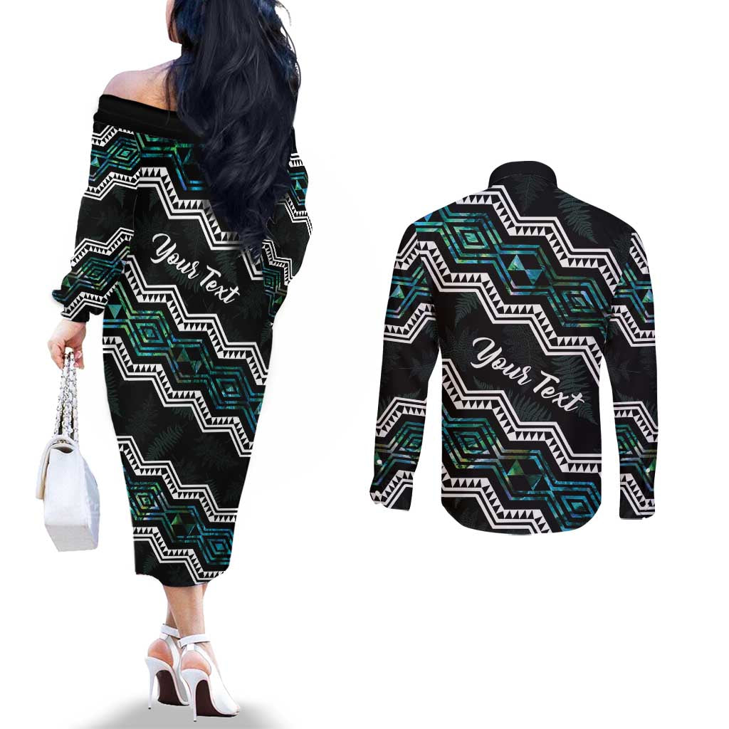 Personalised Taniko Aotearoa Mix Paua Shell Couples Matching Off The Shoulder Long Sleeve Dress and Long Sleeve Button Shirt Niho Taniwha Turquoise Glitter