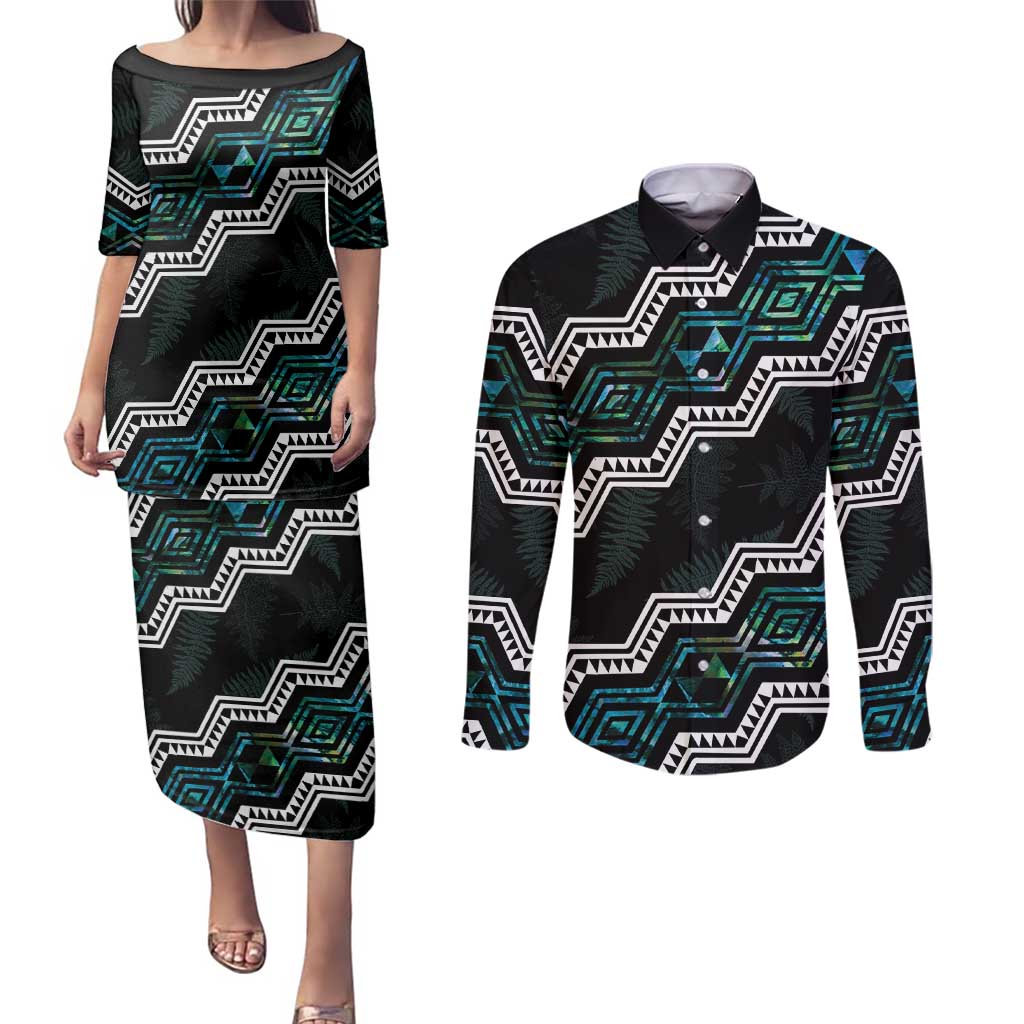 Personalised Taniko Aotearoa Mix Paua Shell Couples Matching Puletasi and Long Sleeve Button Shirt Niho Taniwha Turquoise Glitter