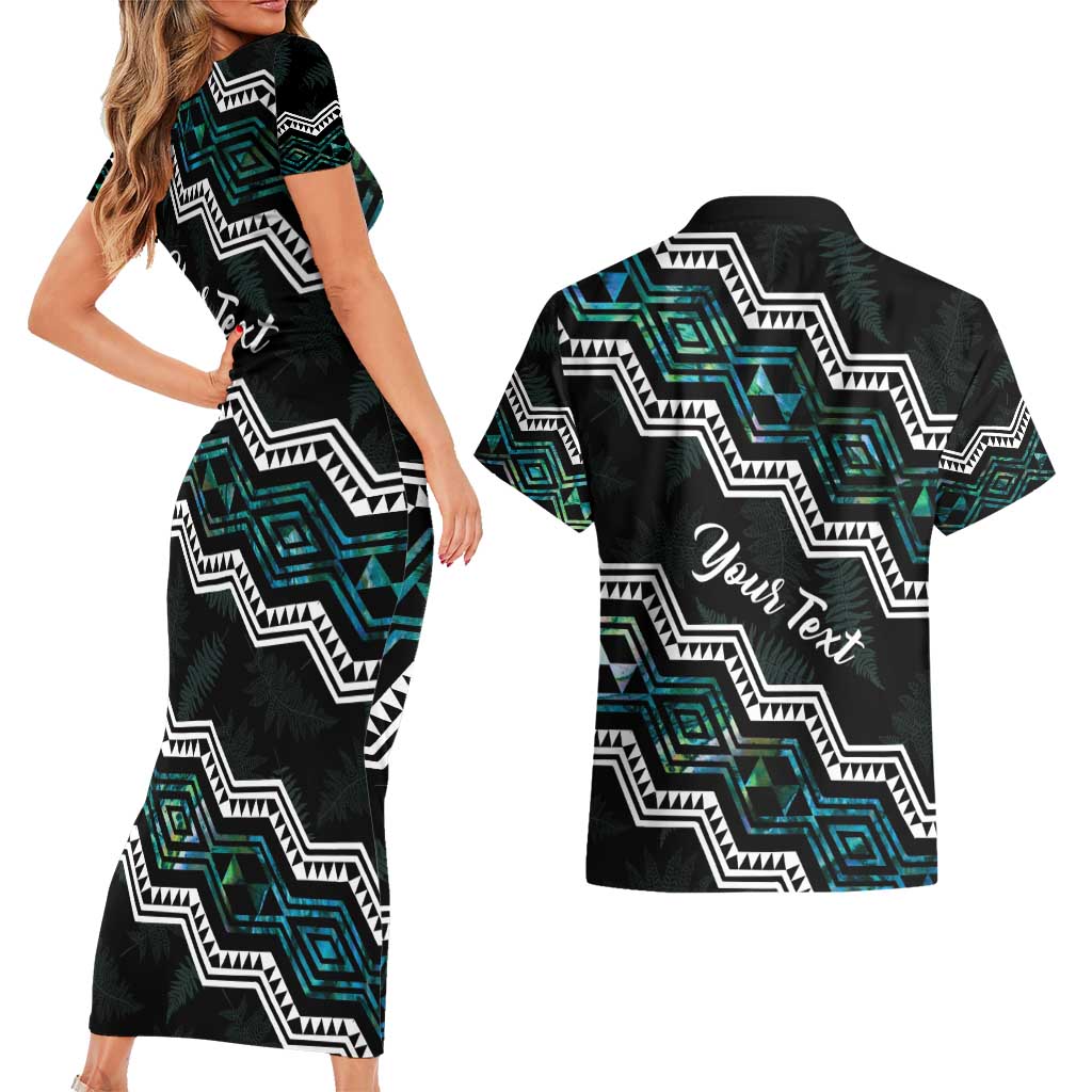 Personalised Taniko Aotearoa Mix Paua Shell Couples Matching Short Sleeve Bodycon Dress and Hawaiian Shirt Niho Taniwha Turquoise Glitter