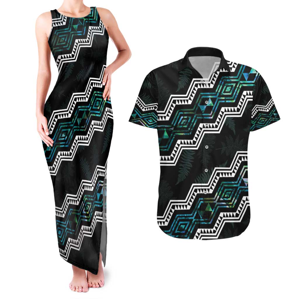 Personalised Taniko Aotearoa Mix Paua Shell Couples Matching Tank Maxi Dress and Hawaiian Shirt Niho Taniwha Turquoise Glitter