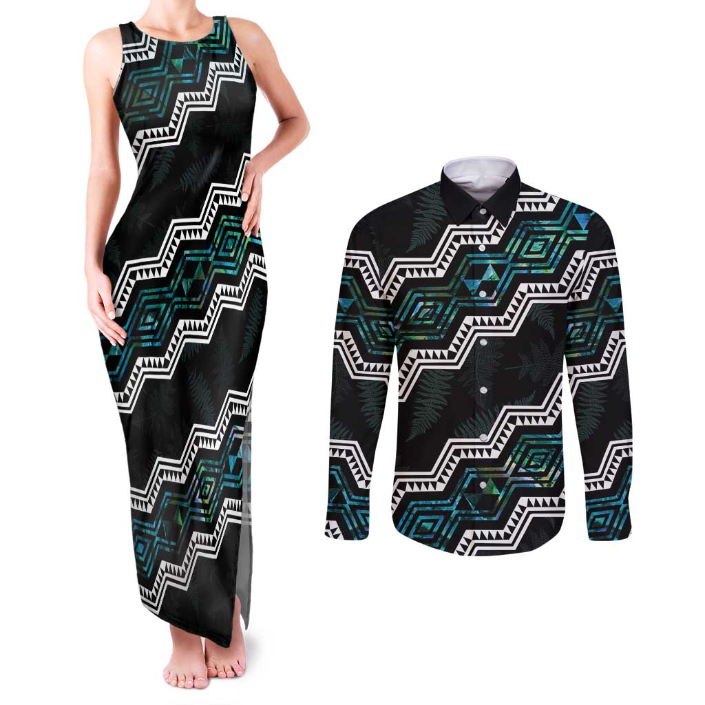 Personalised Taniko Aotearoa Mix Paua Shell Couples Matching Tank Maxi Dress and Long Sleeve Button Shirt Niho Taniwha Turquoise Glitter