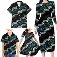 Personalised Taniko Aotearoa Mix Paua Shell Family Matching Long Sleeve Bodycon Dress and Hawaiian Shirt Niho Taniwha Turquoise Glitter LT01 - Polynesian Pride