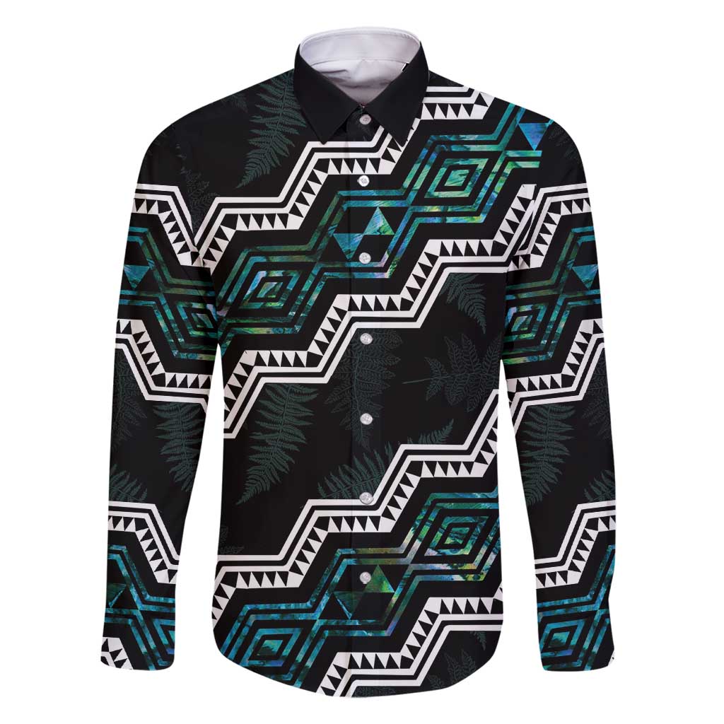Personalised Taniko Aotearoa Mix Paua Shell Family Matching Long Sleeve Bodycon Dress and Hawaiian Shirt Niho Taniwha Turquoise Glitter LT01 Dad's Shirt - Long Sleeve Turquoise - Polynesian Pride