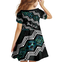 Personalised Taniko Aotearoa Mix Paua Shell Family Matching Off The Shoulder Long Sleeve Dress and Hawaiian Shirt Niho Taniwha Turquoise Glitter LT01 - Polynesian Pride