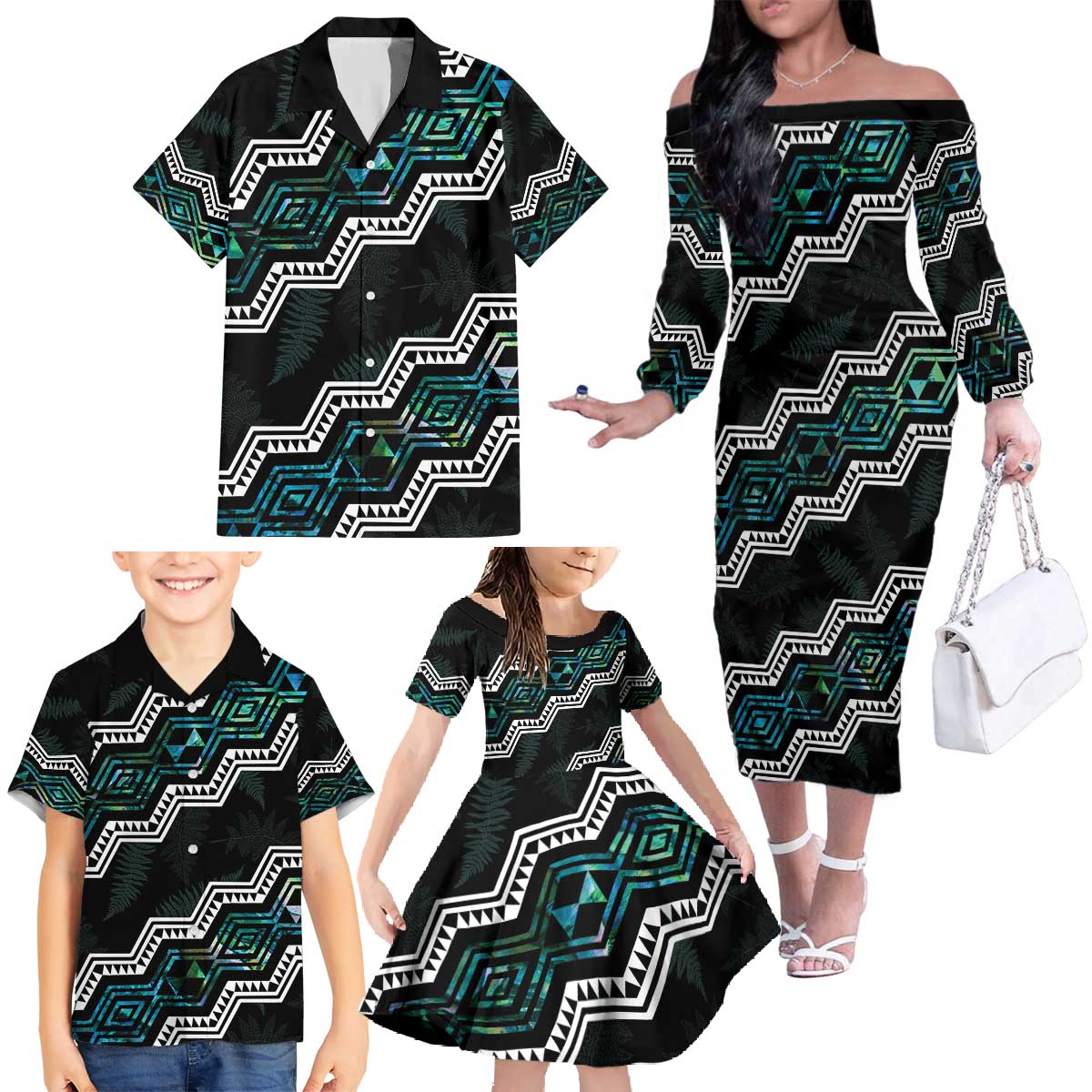 Personalised Taniko Aotearoa Mix Paua Shell Family Matching Off The Shoulder Long Sleeve Dress and Hawaiian Shirt Niho Taniwha Turquoise Glitter LT01 - Polynesian Pride