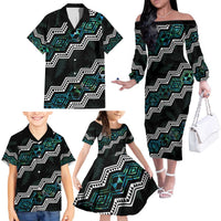 Personalised Taniko Aotearoa Mix Paua Shell Family Matching Off The Shoulder Long Sleeve Dress and Hawaiian Shirt Niho Taniwha Turquoise Glitter LT01 - Polynesian Pride