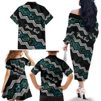 Personalised Taniko Aotearoa Mix Paua Shell Family Matching Off The Shoulder Long Sleeve Dress and Hawaiian Shirt Niho Taniwha Turquoise Glitter LT01 - Polynesian Pride