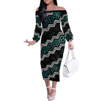 Personalised Taniko Aotearoa Mix Paua Shell Family Matching Off The Shoulder Long Sleeve Dress and Hawaiian Shirt Niho Taniwha Turquoise Glitter LT01 Mom's Dress Turquoise - Polynesian Pride