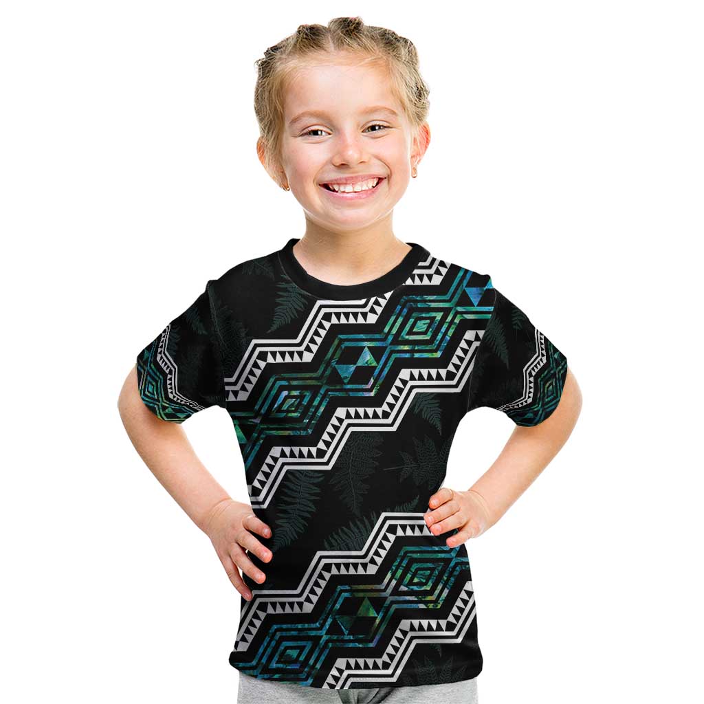 Personalised Taniko Aotearoa Mix Paua Shell Kid T Shirt Niho Taniwha Turquoise Glitter