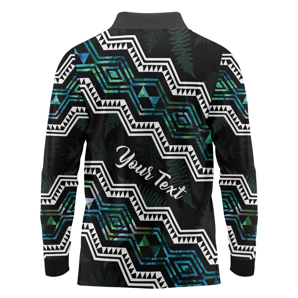 Personalised Taniko Aotearoa Mix Paua Shell Long Sleeve Polo Shirt Niho Taniwha Turquoise Glitter