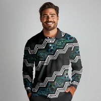 Personalised Taniko Aotearoa Mix Paua Shell Long Sleeve Polo Shirt Niho Taniwha Turquoise Glitter
