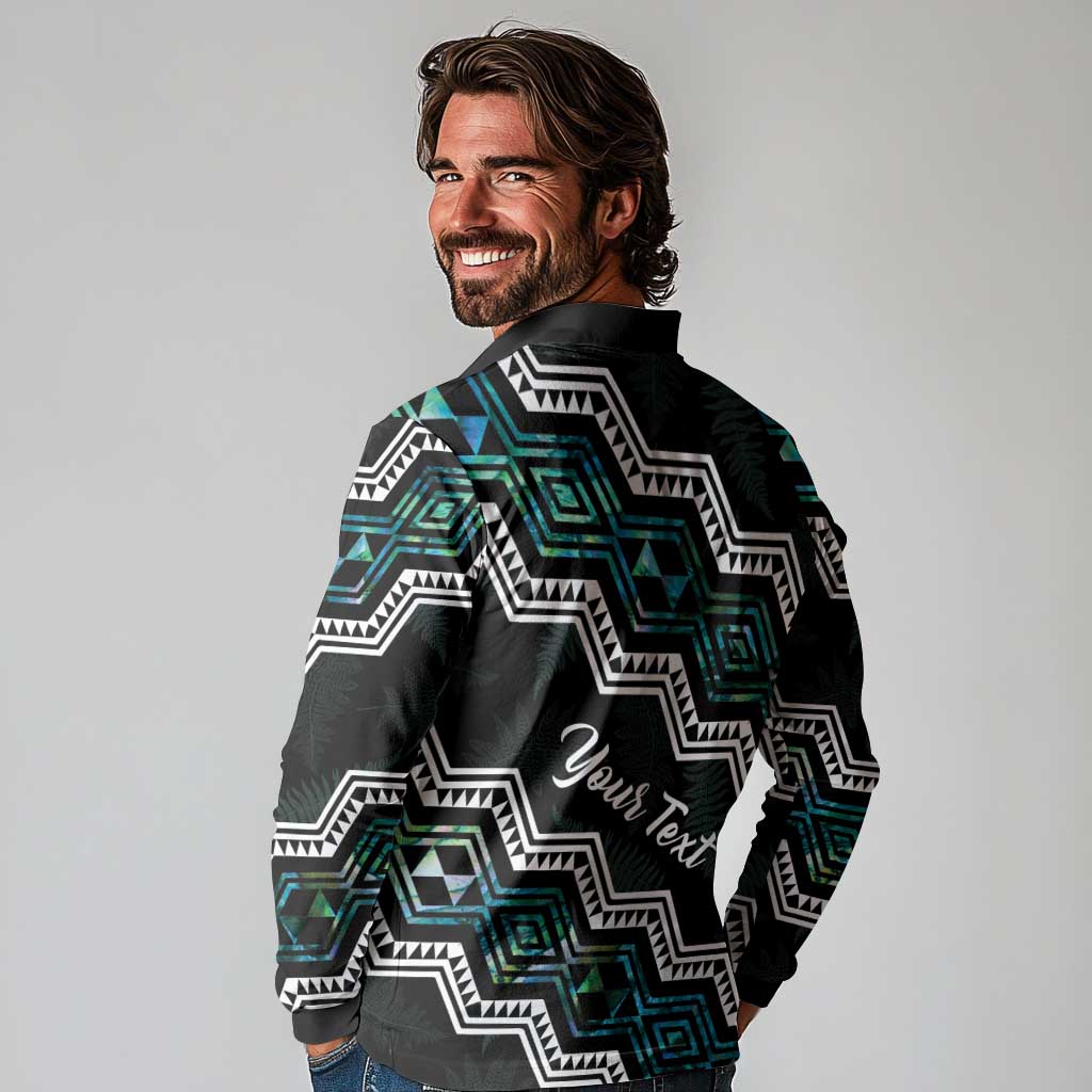 Personalised Taniko Aotearoa Mix Paua Shell Long Sleeve Polo Shirt Niho Taniwha Turquoise Glitter