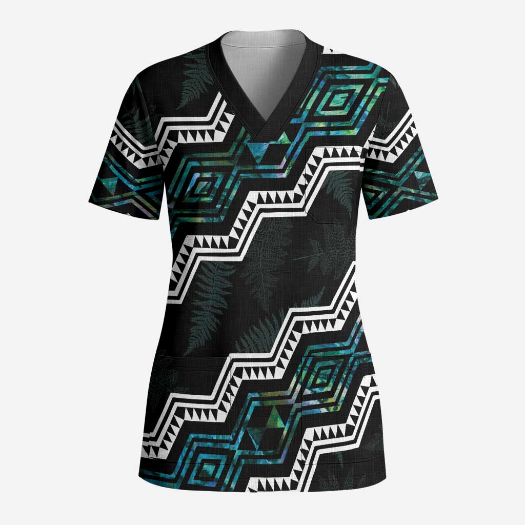 Personalised Taniko Aotearoa Mix Paua Shell Scrub Top Niho Taniwha Turquoise Glitter - Polynesian Pride