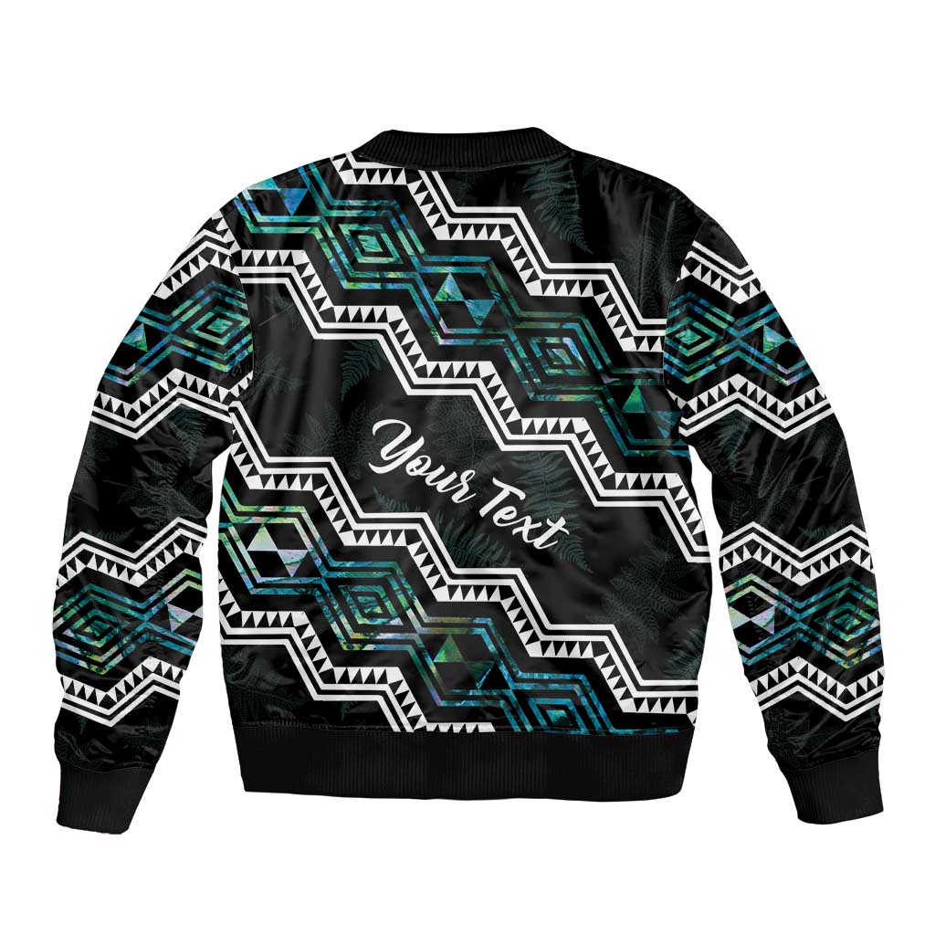 Personalised Taniko Aotearoa Mix Paua Shell Sleeve Zip Bomber Jacket Niho Taniwha Turquoise Glitter