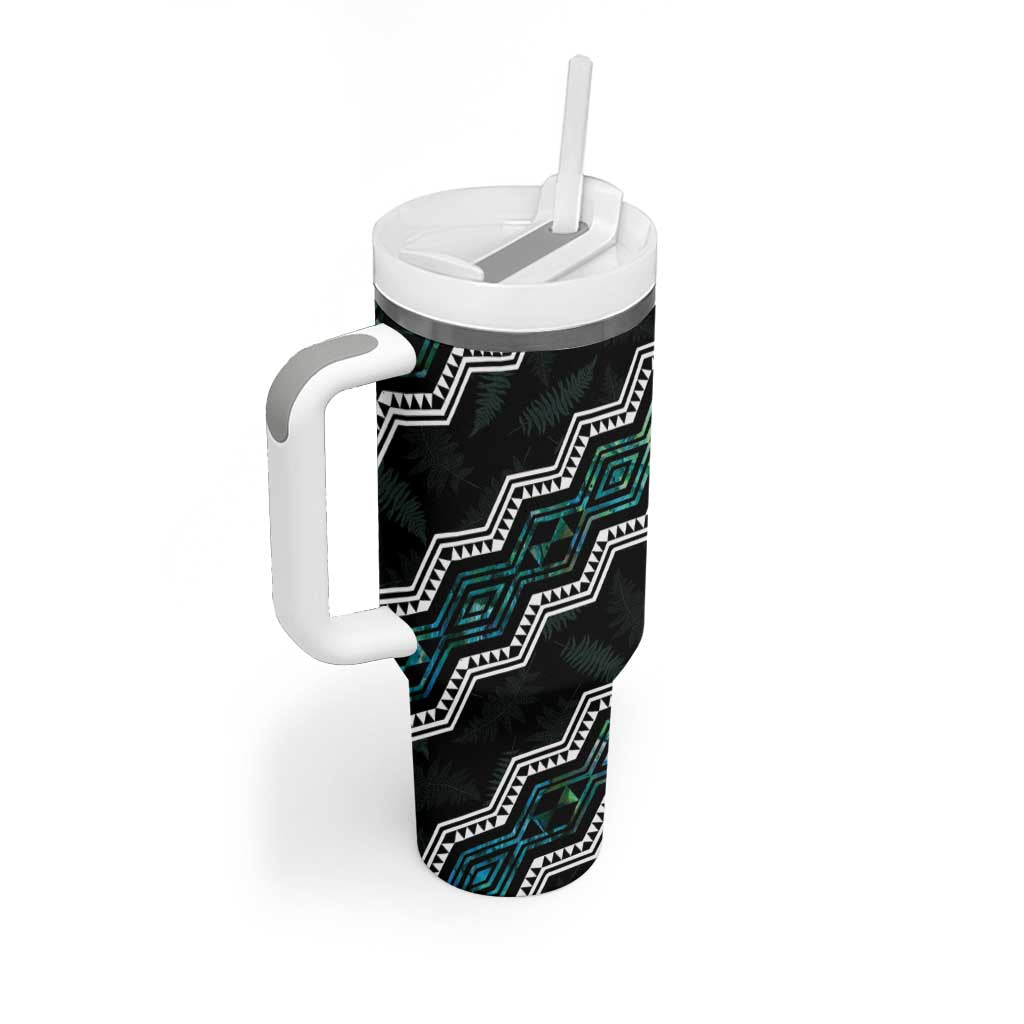 Personalised Taniko Aotearoa Mix Paua Shell Tumbler With Handle Niho Taniwha Turquoise Glitter