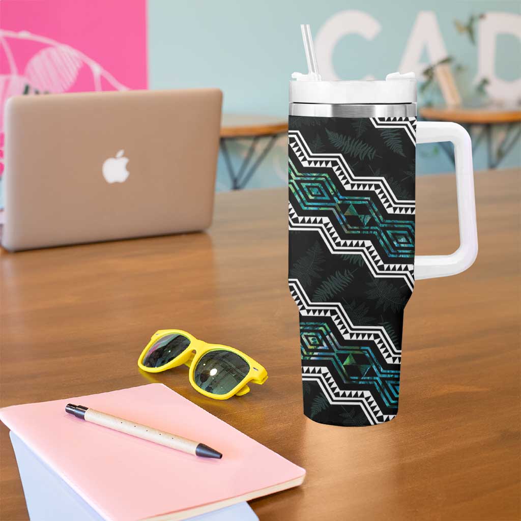 Personalised Taniko Aotearoa Mix Paua Shell Tumbler With Handle Niho Taniwha Turquoise Glitter