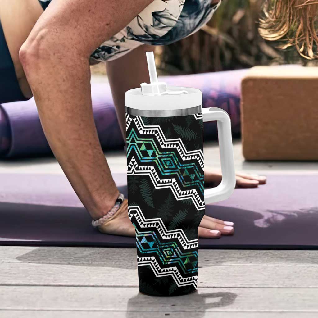 Personalised Taniko Aotearoa Mix Paua Shell Tumbler With Handle Niho Taniwha Turquoise Glitter